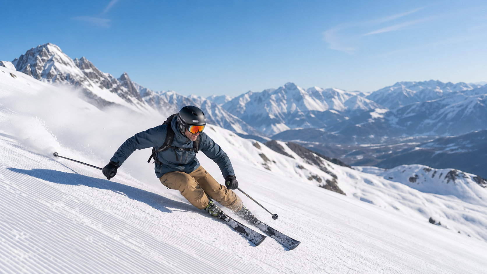 Skifahrer in einer dynamischen Abfahrt vor verschneitem Bergpanorama