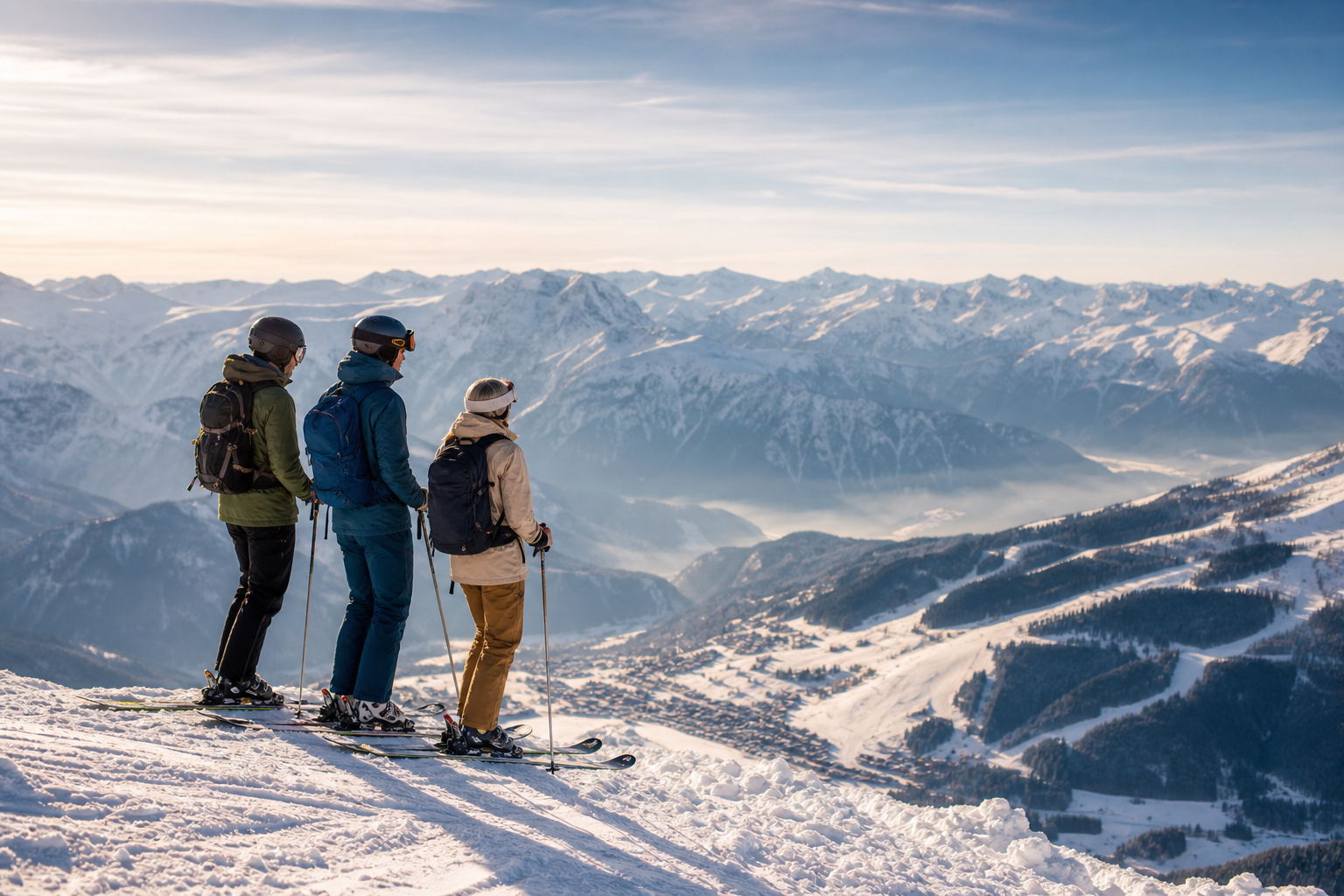 Kleine Skigruppe mit weitem Blick über ein verschneites Alpenpanorama